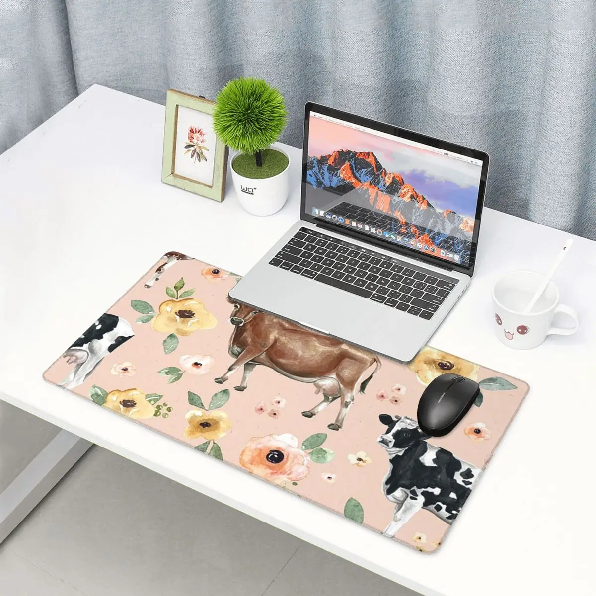 Yellow Laptop Accessories - Large Mouse Pad Cow Floral On